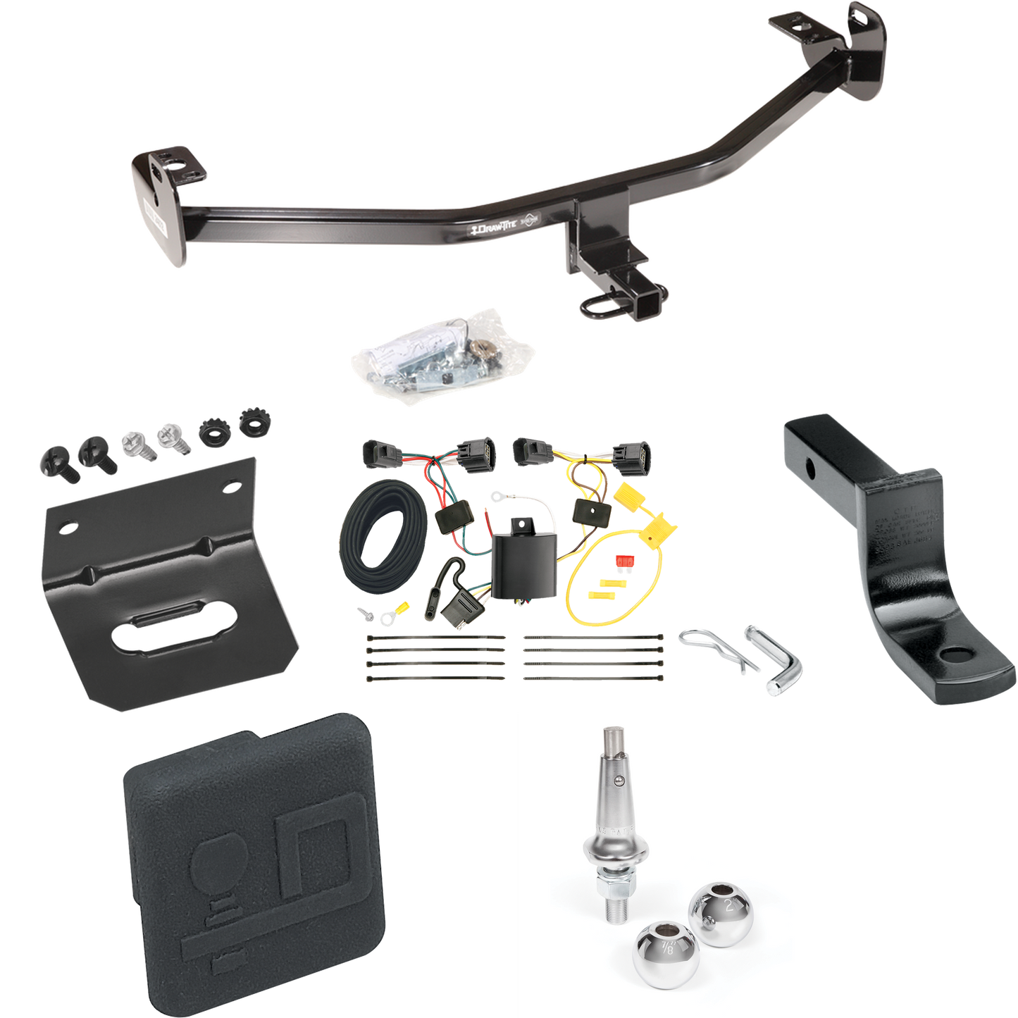 Fits 2012-2014 Ford Focus Trailer Hitch Tow PKG w/ 4-Flat Wiring Harness + Draw-Bar + Interchangeable 1-7/8" & 2" Balls + Wiring Bracket + Hitch Cover (For Hatchback, Except ST w/Center Exhaust Models) By Draw-Tite