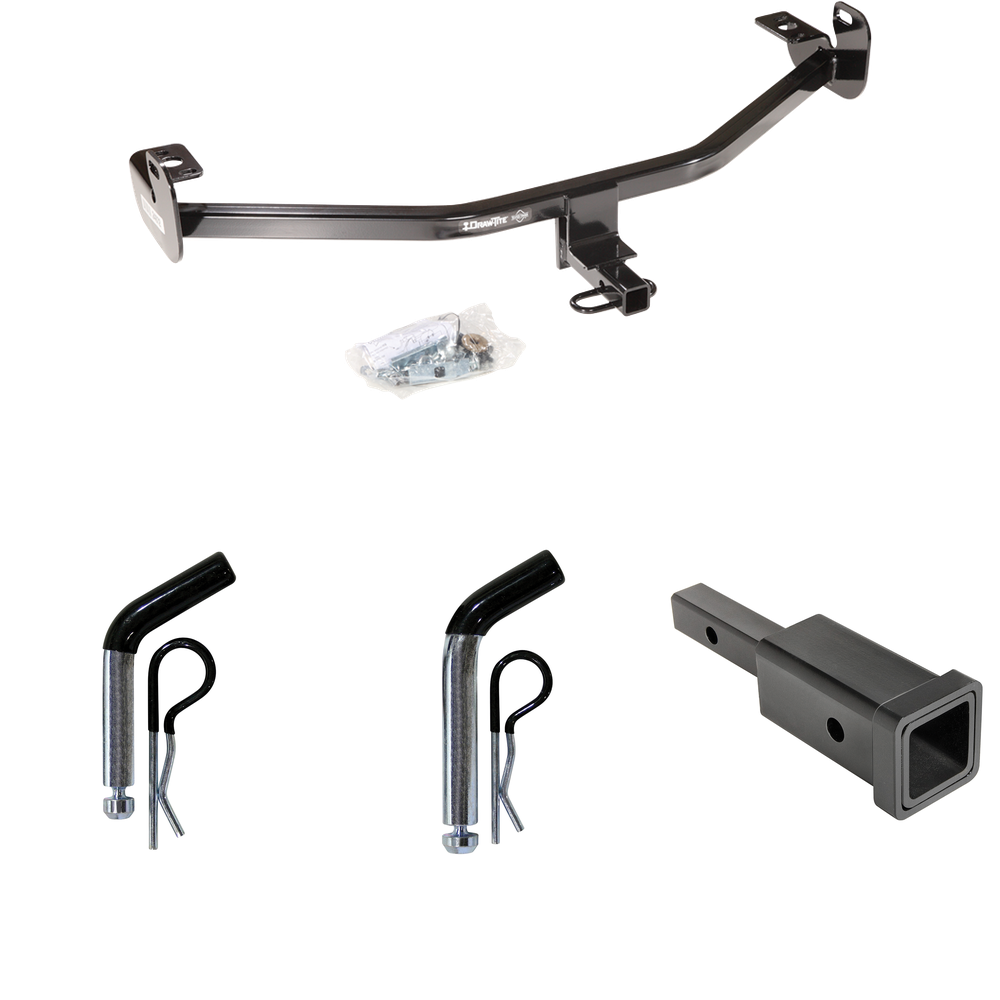 Fits 2015-2018 Ford Focus Trailer Hitch Tow PKG w/ Hitch Adapter 1-1/4" to 2" Receiver + 1/2" Pin & Clip + 5/8" Pin & Clip (For Hatchback, Except ST w/Center Exhaust Models & RS Models) By Draw-Tite