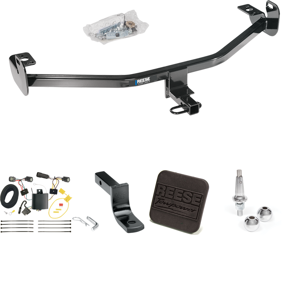 Fits 2015-2018 Ford Focus Trailer Hitch Tow PKG w/ 4-Flat Wiring Harness + Draw-Bar + Interchangeable 1-7/8" & 2" Balls + Hitch Cover (For Hatchback, Except ST w/Center Exhaust Models & RS Models) By Reese Towpower