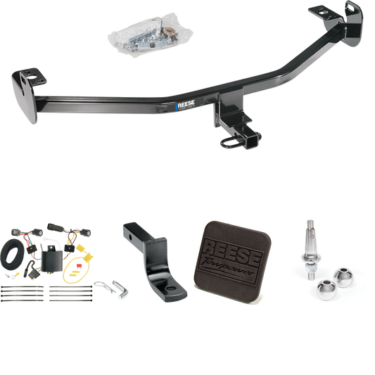 Fits 2015-2018 Ford Focus Trailer Hitch Tow PKG w/ 4-Flat Wiring Harness + Draw-Bar + Interchangeable 1-7/8" & 2" Balls + Hitch Cover (For Hatchback, Except ST w/Center Exhaust Models & RS Models) By Reese Towpower