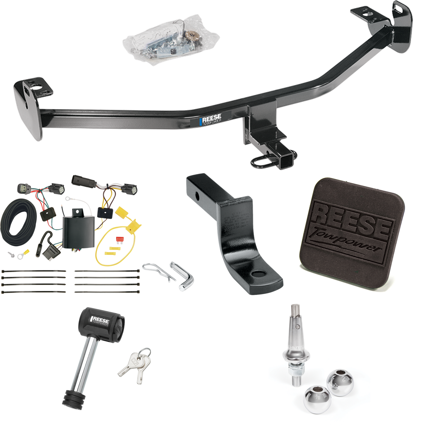 Fits 2015-2018 Ford Focus Trailer Hitch Tow PKG w/ 4-Flat Wiring Harness + Draw-Bar + Interchangeable 1-7/8" & 2" Balls + Hitch Cover + Hitch Lock (For Hatchback, Except ST w/Center Exhaust Models & RS Models) By Reese Towpower