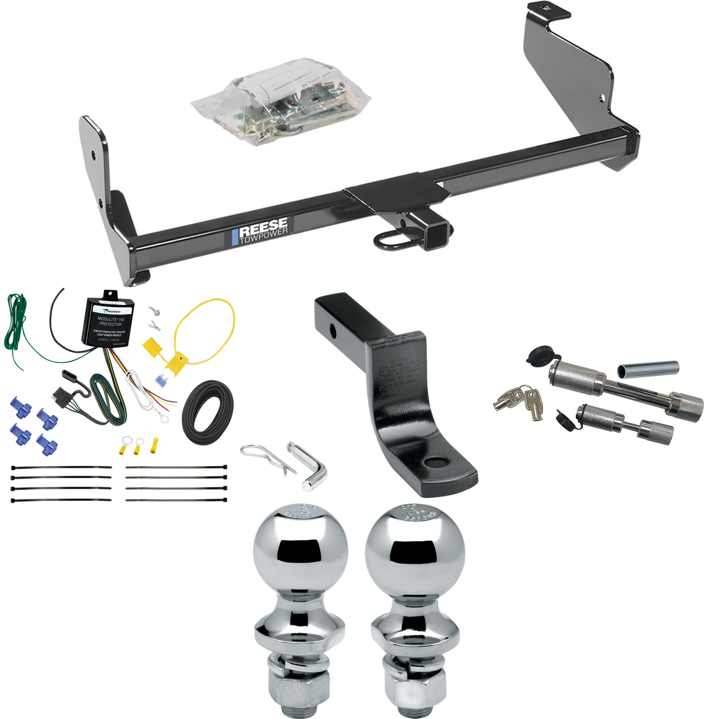 Fits 2001-2004 Ford Focus Trailer Hitch Tow PKG w/ 4-Flat Wiring Harness + Draw-Bar + 1-7/8" + 2" Ball + Dual Hitch & Coupler Locks (For Sedan Models) By Reese Towpower