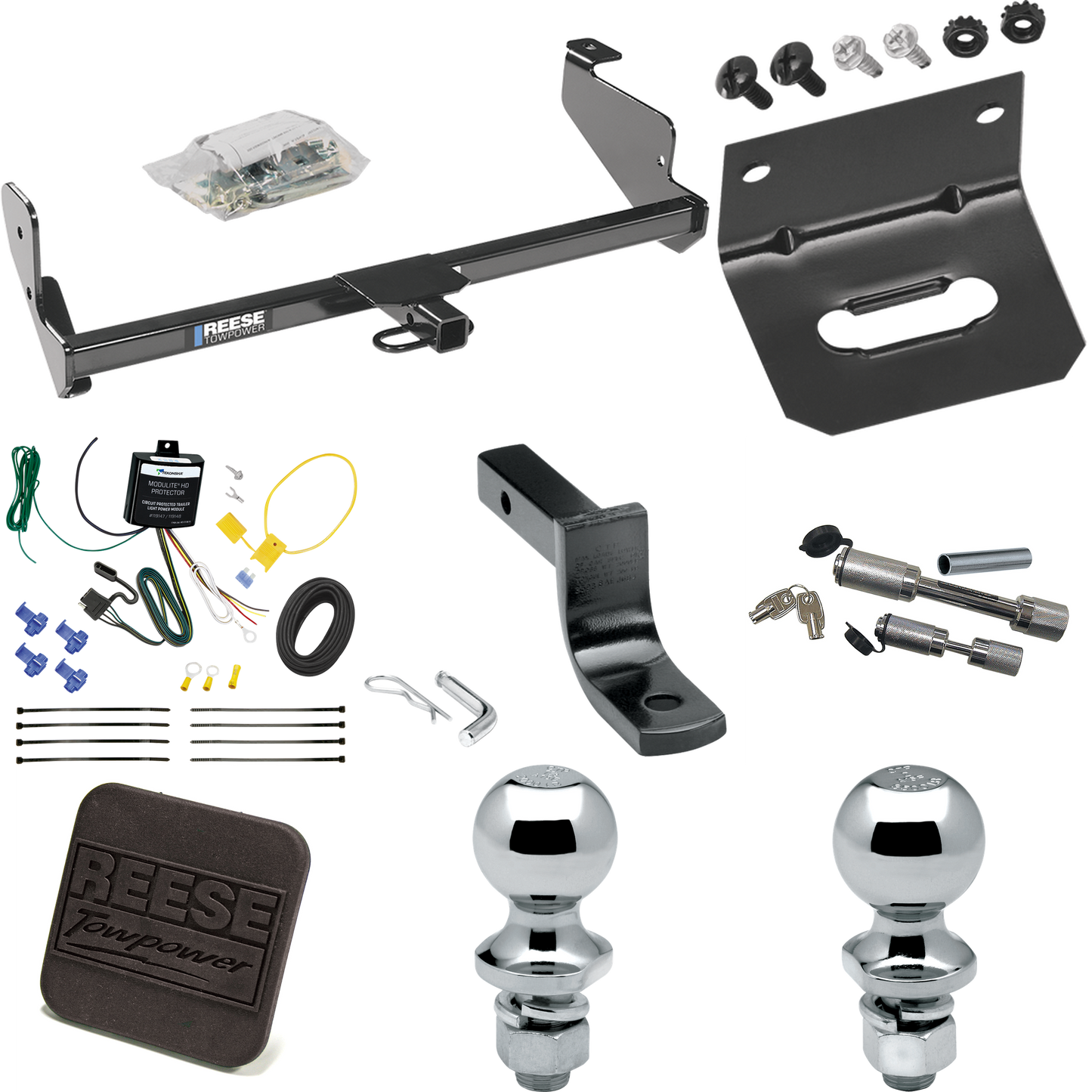 Fits 2001-2004 Ford Focus Trailer Hitch Tow PKG w/ 4-Flat Wiring Harness + Draw-Bar + 1-7/8" + 2" Ball + Wiring Bracket + Hitch Cover + Dual Hitch & Coupler Locks (For Sedan Models) By Reese Towpower