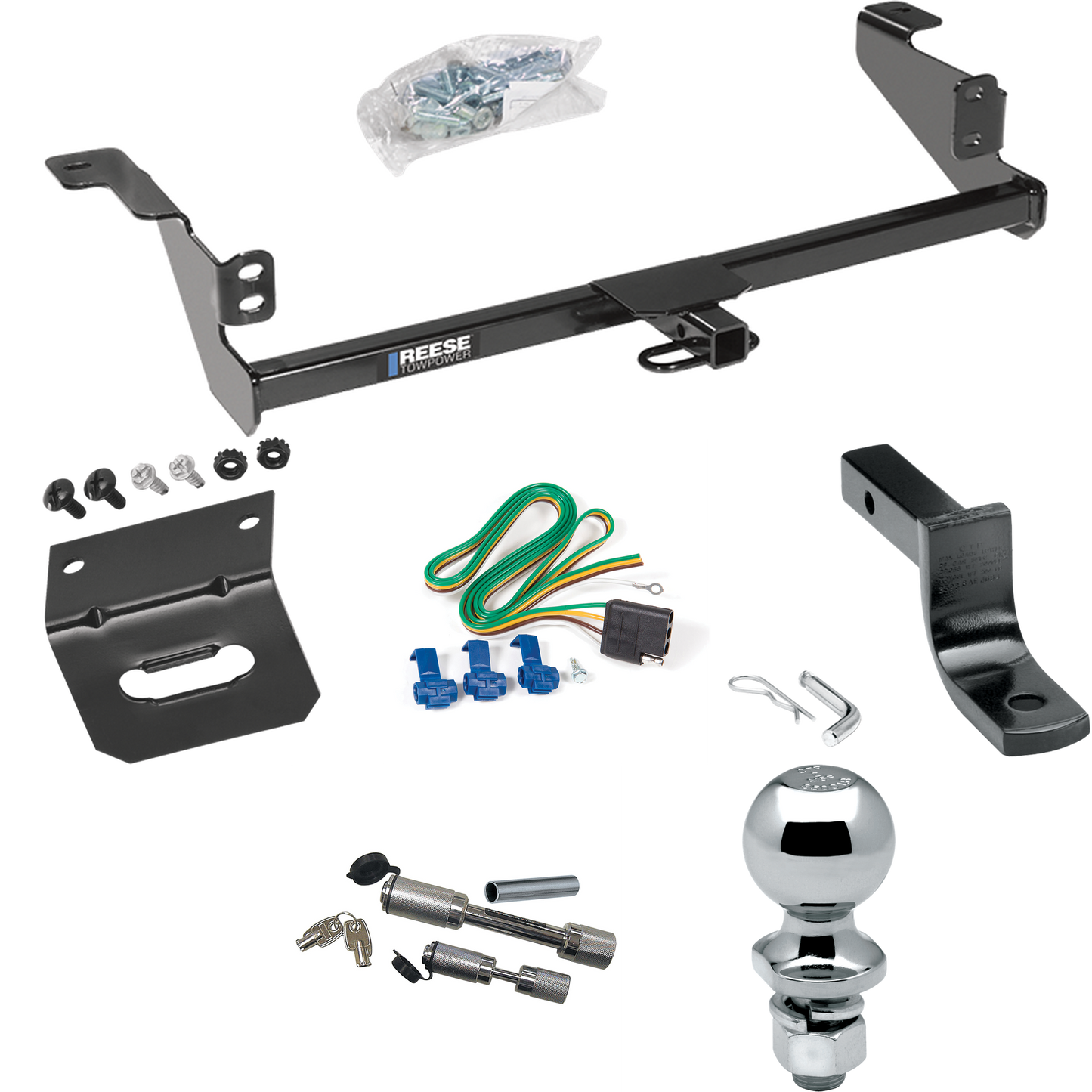 Fits 2008-2011 Ford Focus Trailer Hitch Tow PKG w/ 4-Flat Wiring Harness + Draw-Bar + 2" Ball + Wiring Bracket + Dual Hitch & Coupler Locks By Reese Towpower