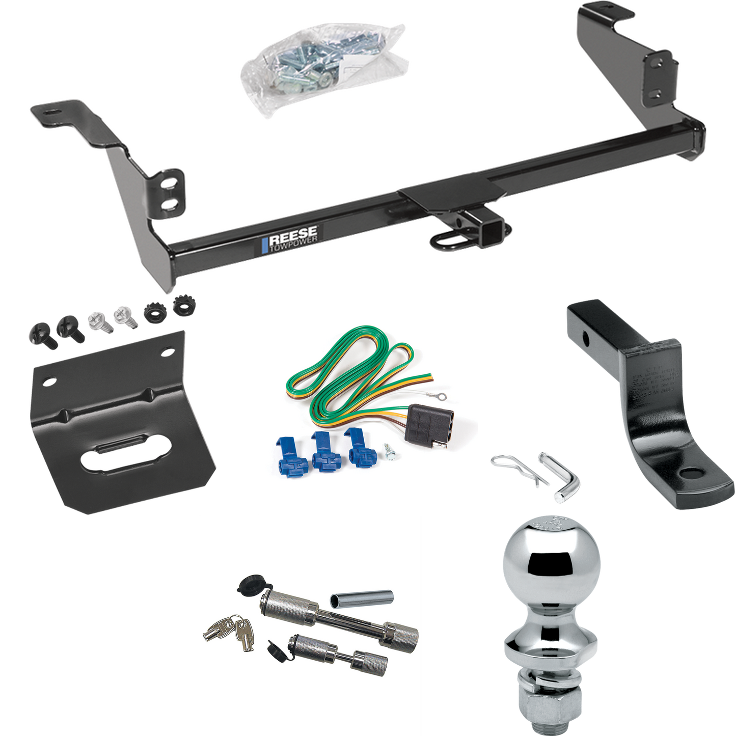 Fits 2008-2011 Ford Focus Trailer Hitch Tow PKG w/ 4-Flat Wiring Harness + Draw-Bar + 1-7/8" Ball + Wiring Bracket + Dual Hitch & Coupler Locks By Reese Towpower