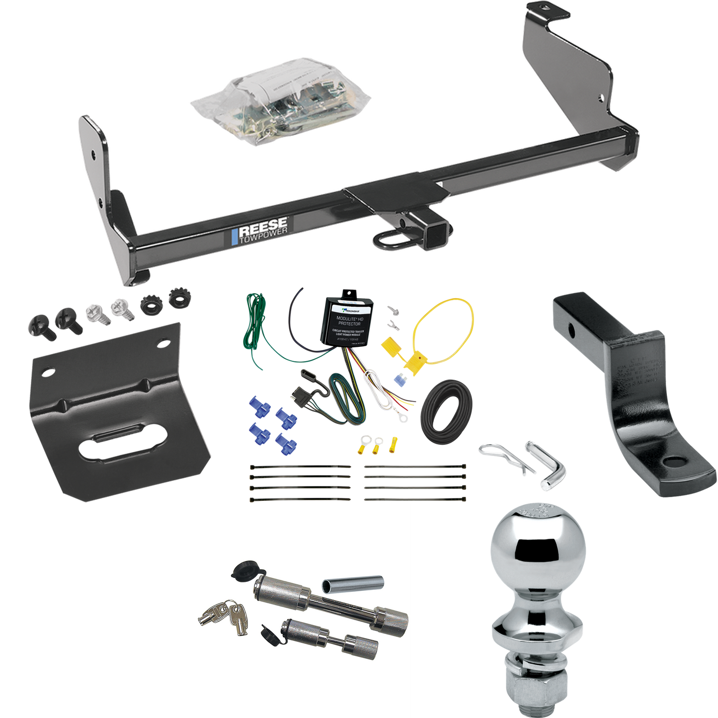 Fits 2001-2004 Ford Focus Trailer Hitch Tow PKG w/ 4-Flat Wiring Harness + Draw-Bar + 1-7/8" Ball + Wiring Bracket + Dual Hitch & Coupler Locks (For Sedan Models) By Reese Towpower