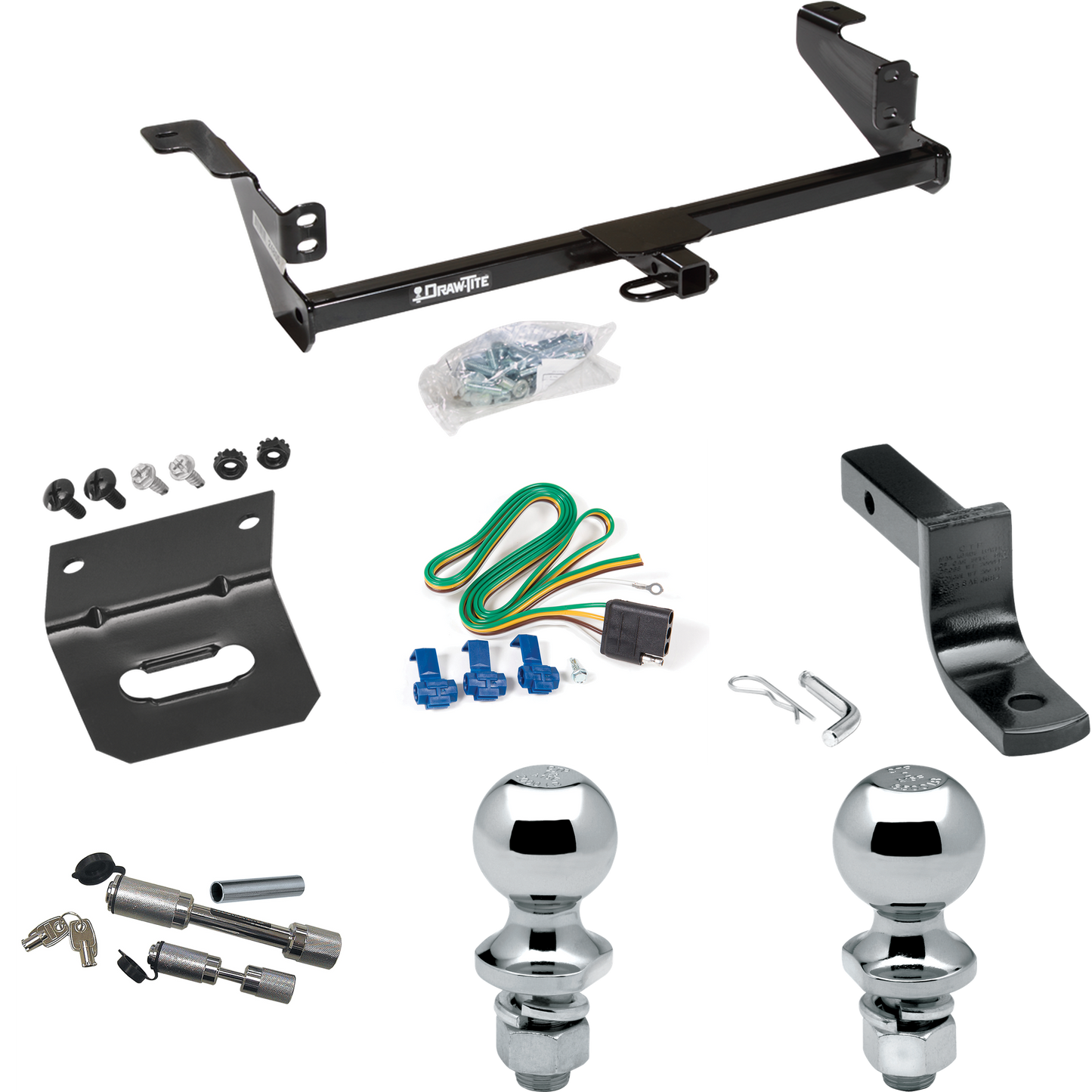 Se adapta al paquete de remolque con enganche para remolque Ford Focus 2008-2011 con arnés de cableado de 4 planos + barra de tracción + bola de 1-7/8" + bola de 2" + soporte de cableado + enganche doble y cerraduras de acoplador de Draw-Tite