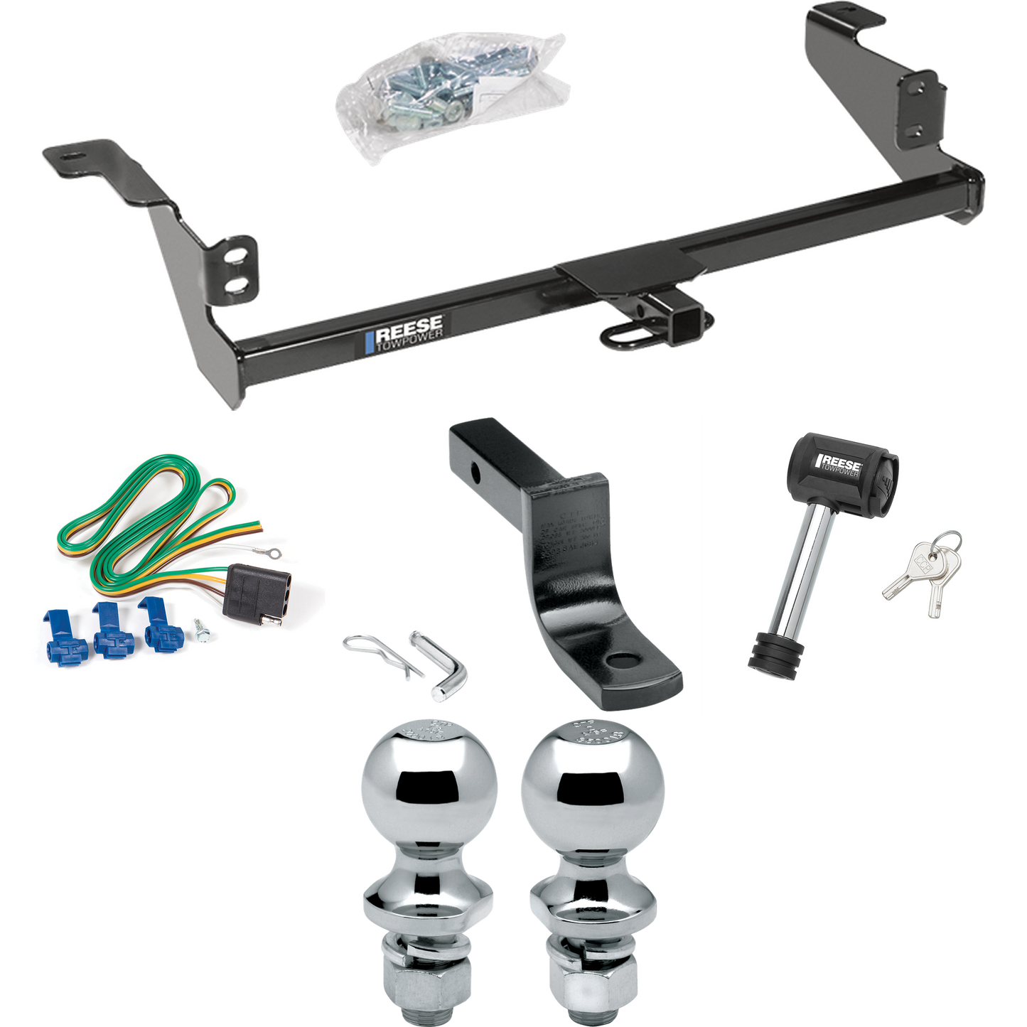 Fits 2008-2011 Ford Focus Trailer Hitch Tow PKG w/ 4-Flat Wiring Harness + Draw-Bar + 1-7/8" + 2" Ball + Hitch Lock By Reese Towpower