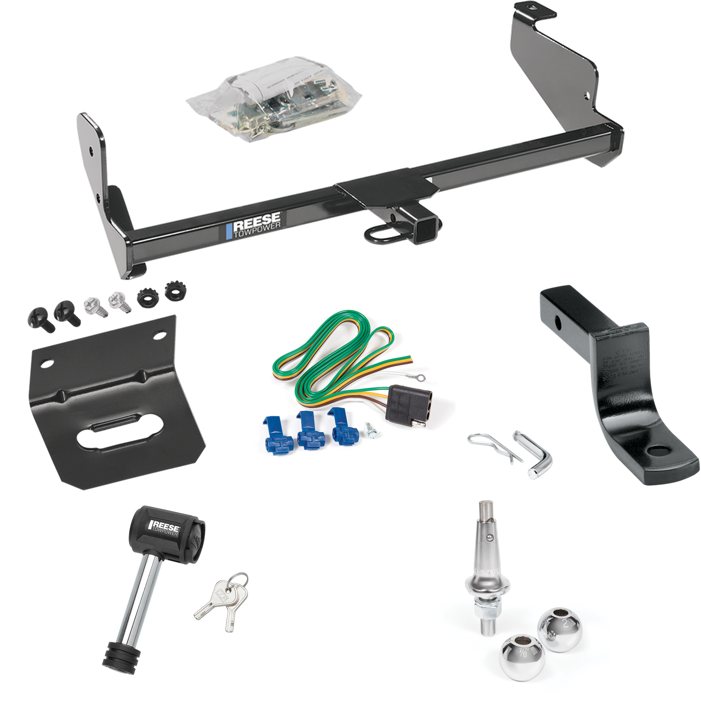 Fits 2002-2006 Ford Focus ZX5 Trailer Hitch Tow PKG w/ 4-Flat Wiring Harness + Draw-Bar + Interchangeable 1-7/8" & 2" Balls + Wiring Bracket + Hitch Lock (For Hatchback, Except SVT & w/Street Appearance Pkg. Models) By Reese Towpower