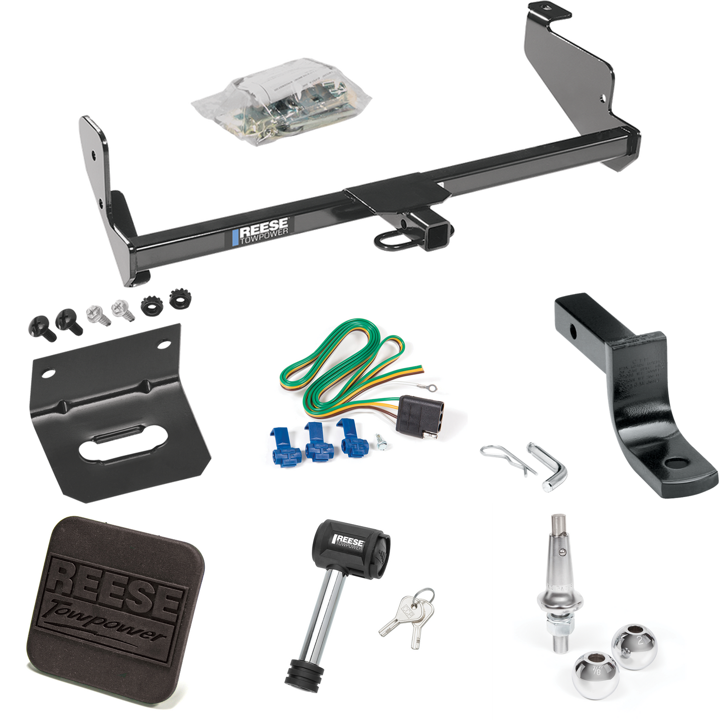 Fits 2005-2007 Ford Focus Trailer Hitch Tow PKG w/ 4-Flat Wiring Harness + Draw-Bar + Interchangeable 1-7/8" & 2" Balls + Wiring Bracket + Hitch Cover + Hitch Lock (For Sedan, Except w/Street Appearance Pkg. Models) By Reese Towpower