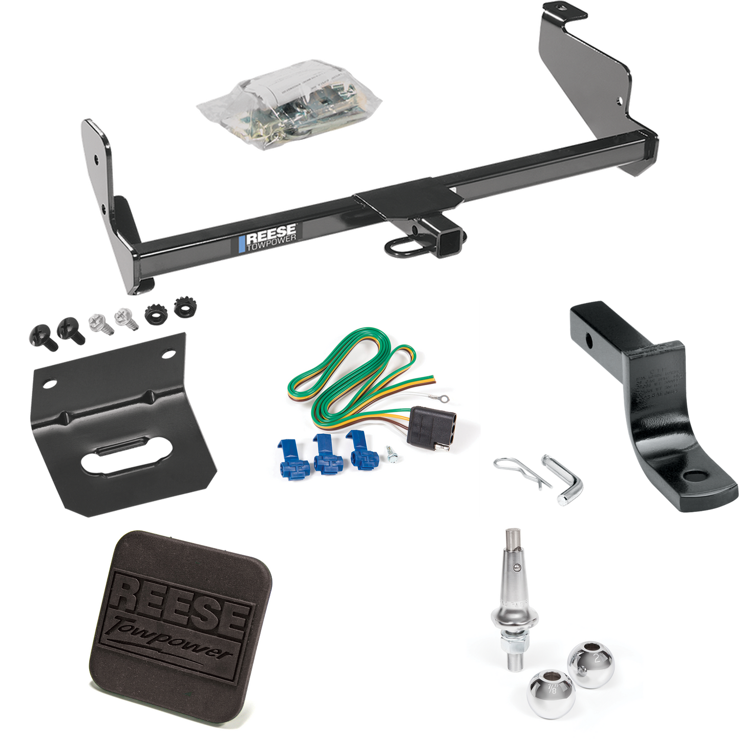 Fits 2002-2006 Ford Focus ZX5 Trailer Hitch Tow PKG w/ 4-Flat Wiring Harness + Draw-Bar + Interchangeable 1-7/8" & 2" Balls + Wiring Bracket + Hitch Cover (For Hatchback, Except SVT & w/Street Appearance Pkg. Models) By Reese Towpower