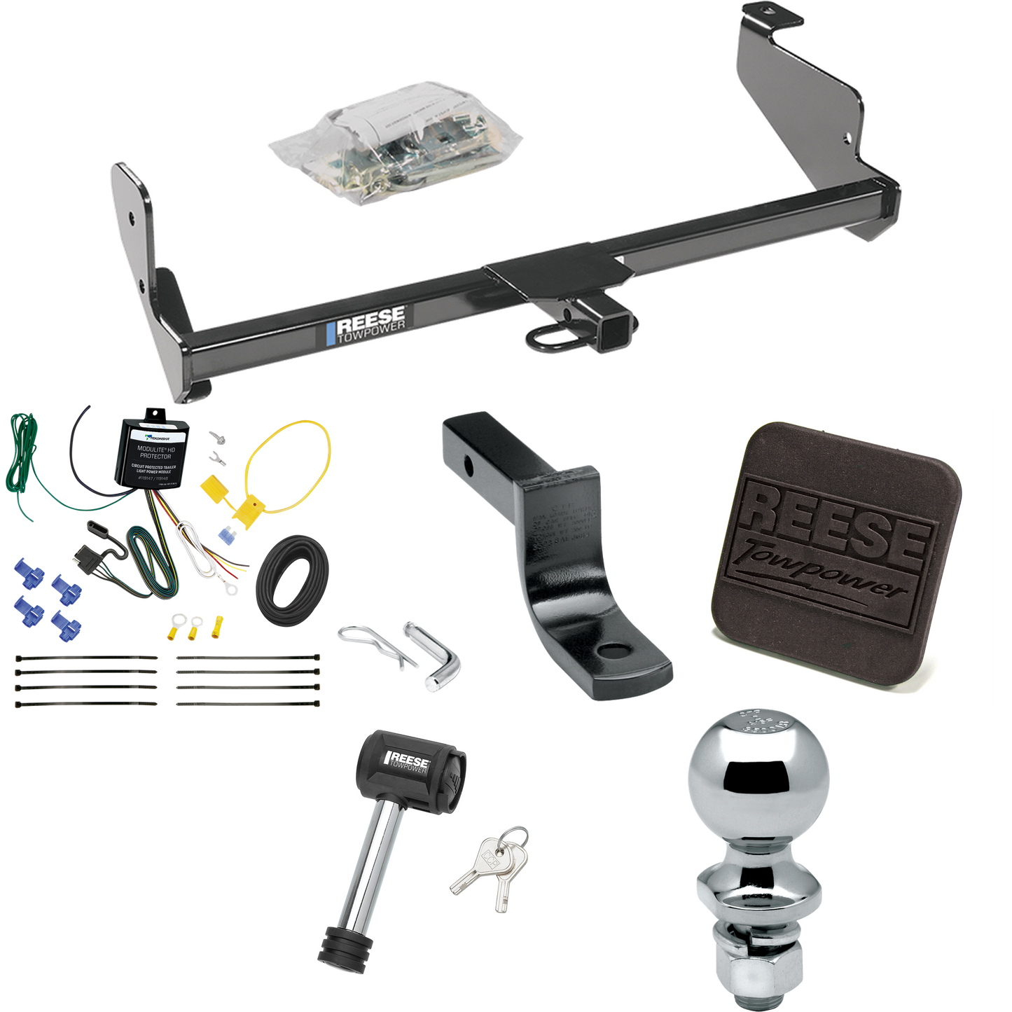 Se adapta al paquete de remolque con enganche para remolque Ford Focus 2001-2004 con arnés de cableado de 4 planos + barra de tracción + bola de 2" + cubierta de enganche + bloqueo de enganche (para modelos sedán) de Reese Towpower