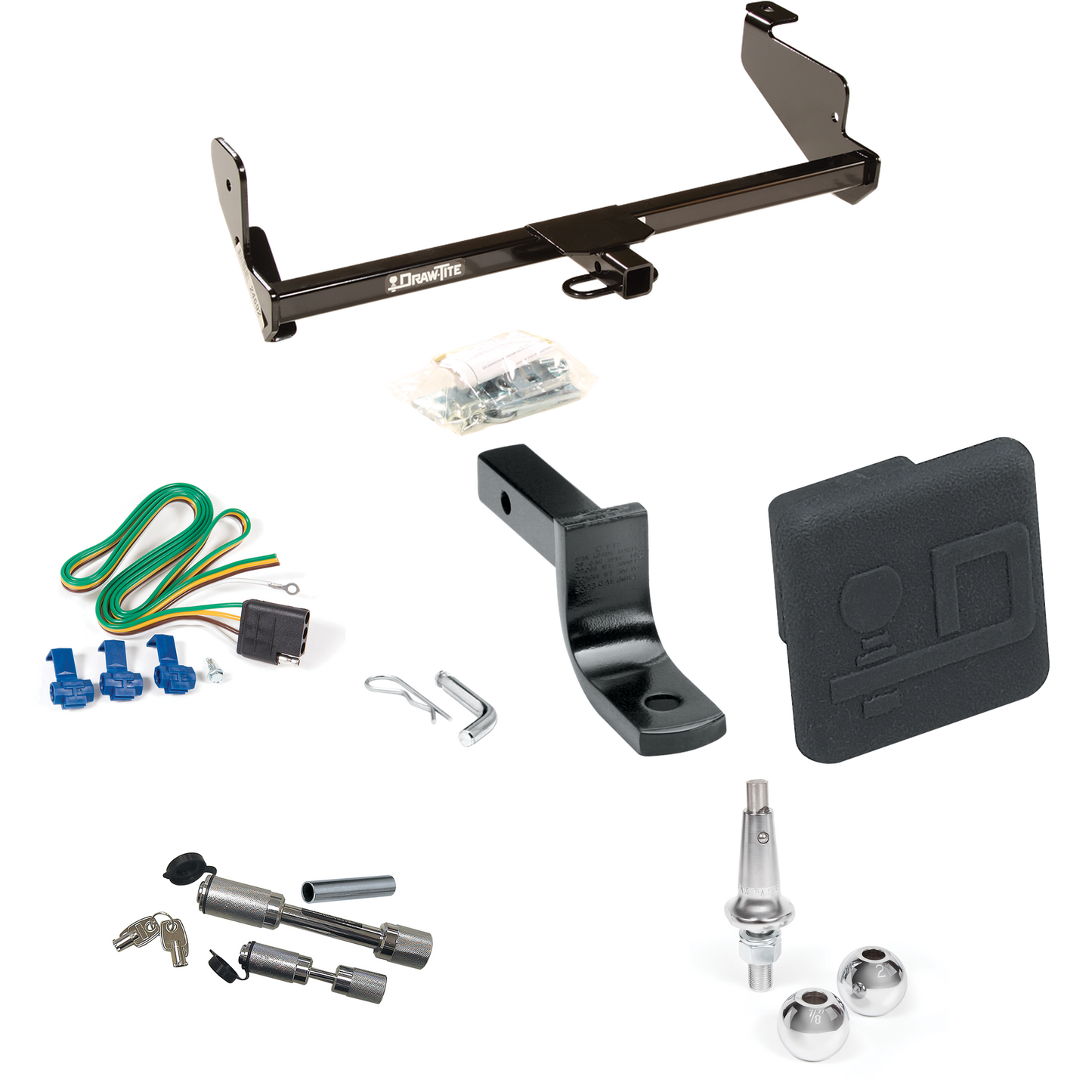 Fits 2000-2006 Ford Focus ZX3 Trailer Hitch Tow PKG w/ 4-Flat Wiring Harness + Draw-Bar + Interchangeable 1-7/8" & 2" Balls + Hitch Cover + Dual Hitch & Coupler Locks (For Hatchback, Except SVT & w/Street Appearance Pkg. Models) By Draw-Tite