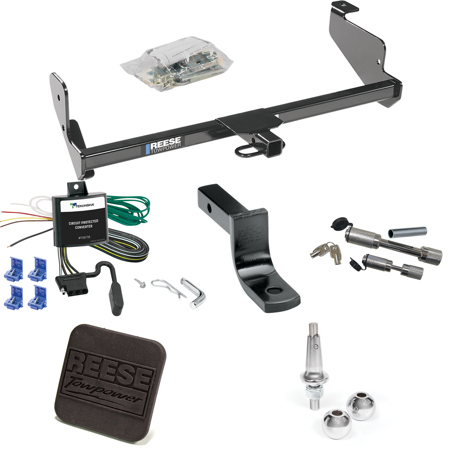 Fits 2000-2000 Ford Focus Trailer Hitch Tow PKG w/ 4-Flat Wiring Harness + Draw-Bar + Interchangeable 1-7/8" & 2" Balls + Hitch Cover + Dual Hitch & Coupler Locks (For Sedan Models) By Reese Towpower