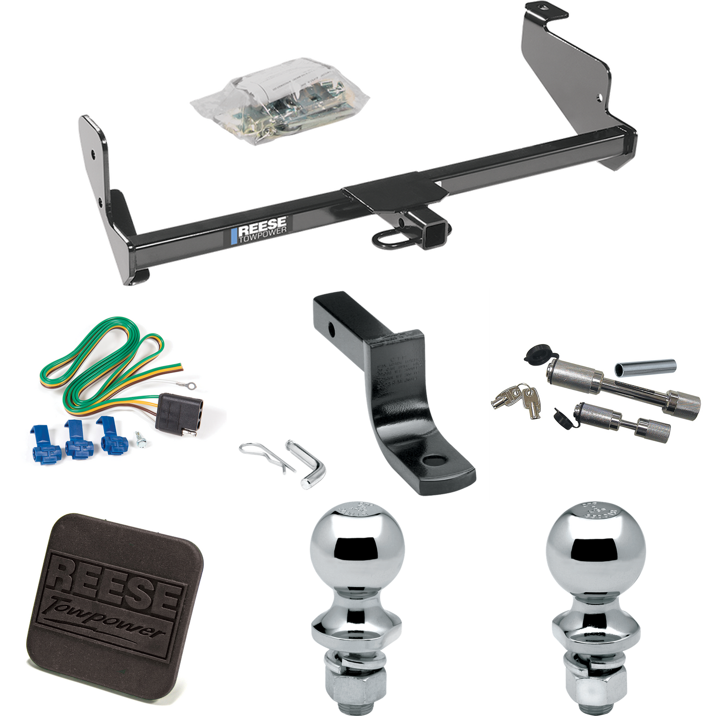 Fits 2005-2007 Ford Focus Trailer Hitch Tow PKG w/ 4-Flat Wiring Harness + Draw-Bar + 1-7/8" + 2" Ball + Hitch Cover + Dual Hitch & Coupler Locks (For Sedan, Except w/Street Appearance Pkg. Models) By Reese Towpower