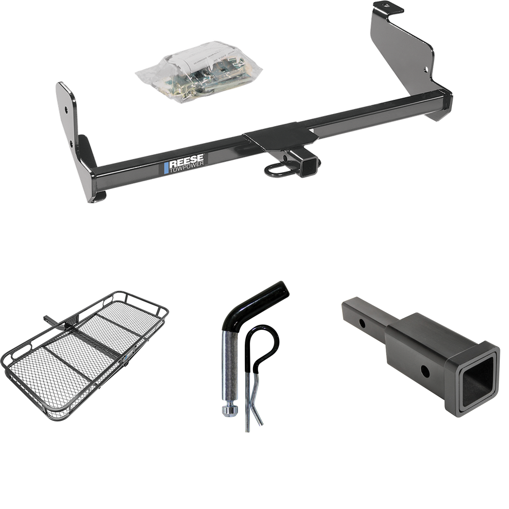 Fits 2005-2007 Ford Focus Trailer Hitch Tow PKG w/ Hitch Adapter 1-1/4" to 2" Receiver + 1/2" Pin & Clip + 60" x 24" Cargo Carrier Rack (For Sedan, Except w/Street Appearance Pkg. Models) By Reese Towpower