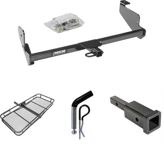 Fits 2005-2007 Ford Focus Trailer Hitch Tow PKG w/ Hitch Adapter 1-1/4" to 2" Receiver + 1/2" Pin & Clip + 60" x 24" Cargo Carrier Rack (For Sedan, Except w/Street Appearance Pkg. Models) By Reese Towpower