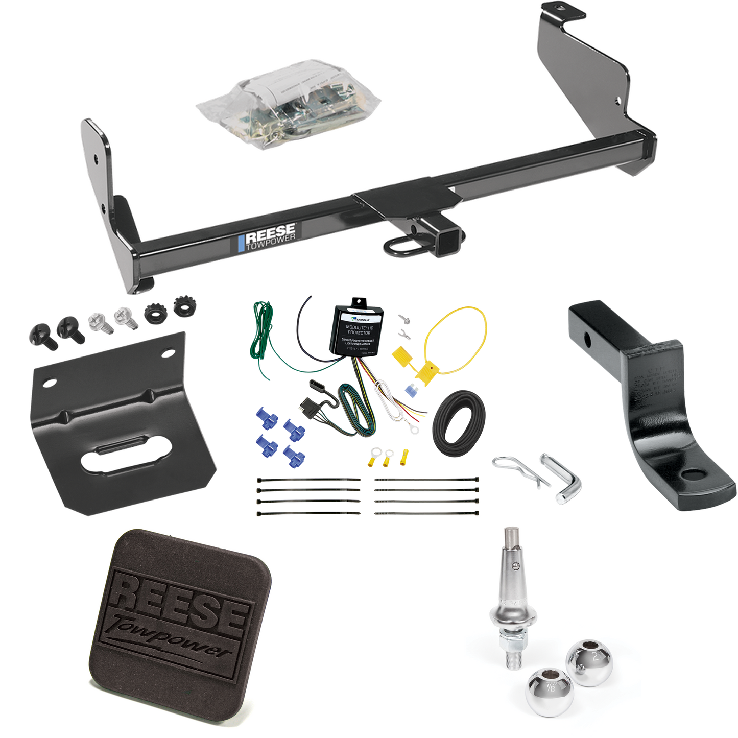 Fits 2001-2004 Ford Focus Trailer Hitch Tow PKG w/ 4-Flat Wiring Harness + Draw-Bar + Interchangeable 1-7/8" & 2" Balls + Wiring Bracket + Hitch Cover (For Sedan Models) By Reese Towpower