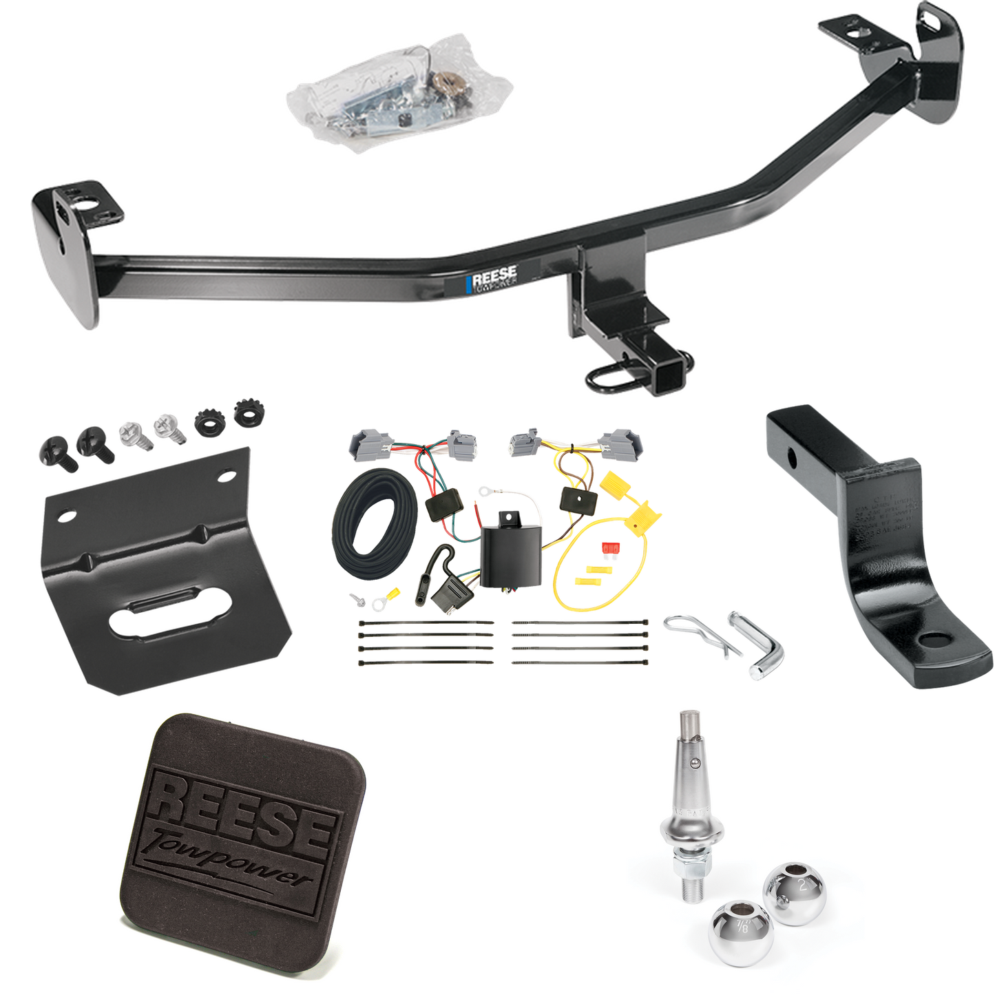 Fits 2012-2018 Ford Focus Trailer Hitch Tow PKG w/ 4-Flat Wiring Harness + Draw-Bar + Interchangeable 1-7/8" & 2" Balls + Wiring Bracket + Hitch Cover (For Sedan Models) By Reese Towpower