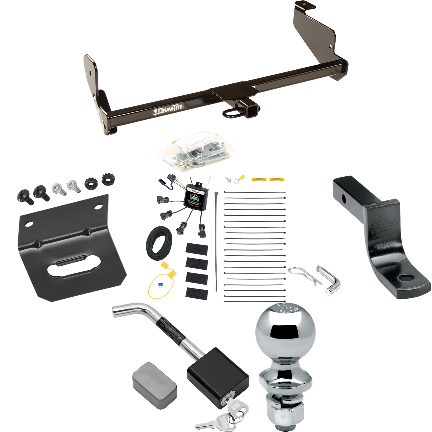 Se adapta al paquete de enganche de remolque Ford Focus 2001-2004 con arnés de cableado de 4 contactos planos "sin empalme" + barra de tracción + bola de 2" + soporte de cableado + bloqueo de enganche (para modelos sedán) de Draw-Tite