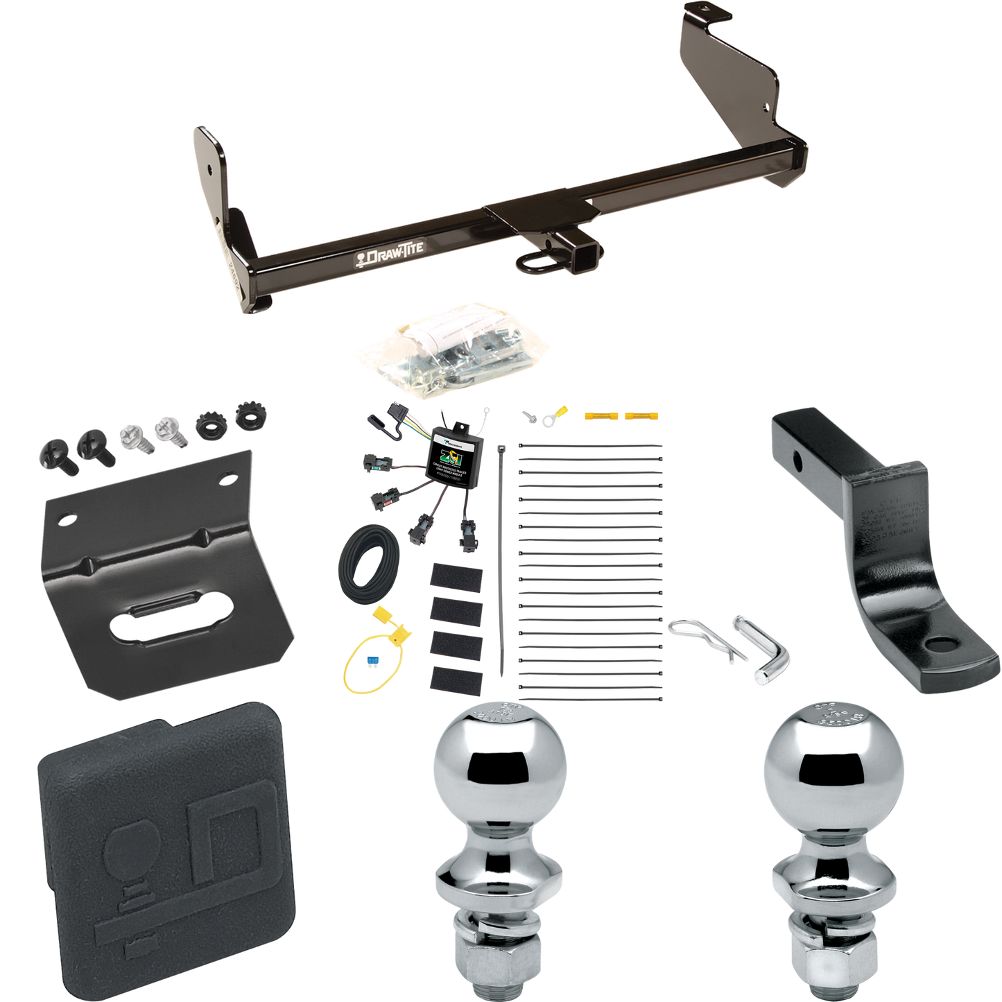 Fits 2001-2004 Ford Focus Trailer Hitch Tow PKG w/ 4-Flat Zero Contact "No Splice" Wiring Harness + Draw-Bar + 1-7/8" + 2" Ball + Wiring Bracket + Hitch Cover (For Sedan Models) By Draw-Tite