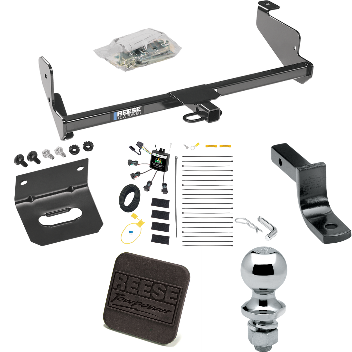 Fits 2001-2004 Ford Focus Trailer Hitch Tow PKG w/ 4-Flat Zero Contact "No Splice" Wiring Harness + Draw-Bar + 1-7/8" Ball + Wiring Bracket + Hitch Cover (For Sedan Models) By Reese Towpower